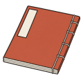 Flat drawing of a Chinese thread-bound book lying flat and seen from a three-quarter view: a soft terracotta cover, five ivory thread knots in a line down the right edge, the ivory edges of the folded pages at the bottom left, and at the top left a rectangular title slip, ivory and completely blank.