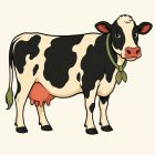 Une vache laitière de profil, tachée de noir et de crème, la tête tournée vers nous. Elle porte un foulard vert noué au cou, ses oreilles sont doublées de rouge, son mufle et son pis sont d’un rose orangé, et le toupet de sa queue est vert.