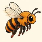 Une abeille en vol, vue de profil, le corps rayé d’orange et de noir et le thorax velu. Ses deux ailes translucides laissent une traînée de vitesse derrière elle ; elle a un grand œil noir, un sourire et des pattes noires terminées de rouge.