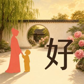 A Chinese garden courtyard at sunset: a pale wall pierced by a moon gate, a willow, pink peonies and a roof of dark tiles. At the left two flat silhouettes hold hands, a woman in a long coral red robe with her hair in a bun and a small amber yellow child looking up at her. At the right, the character 好 in dark brown: 女 squeezed on the left, its bar turned into a small rising stroke, and 子 on the right with its hooked stem and long crossbar.
