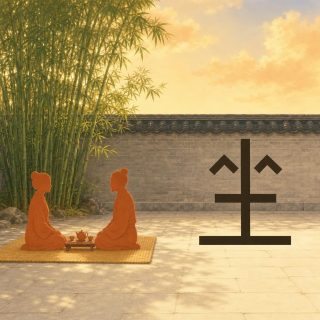 A Chinese courtyard at sunset: tall bamboo at the left, a grey brick wall capped with dark tiles behind, wide pale paving and a golden sky. On a honey coloured straw mat in the left foreground, two flat orange figures kneel facing each other in profile, hair in buns, a low table between them holding a teapot and two cups. At the right the character 坐 in black: a tall stem falling to a long base bar, a shorter bar across it, two small chevrons flanking the stem.