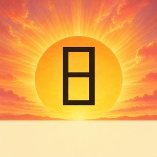 A large golden yellow sun rises from behind a low line of hills, its rays spread across an orange and pink sky strewn with clouds, and a plain cream band fills the bottom of the picture. At the centre of the disc, the character 日 in very dark brown: an upright rectangle, taller than it is wide, drawn as a thick empty frame and cut across the middle by a single bar.