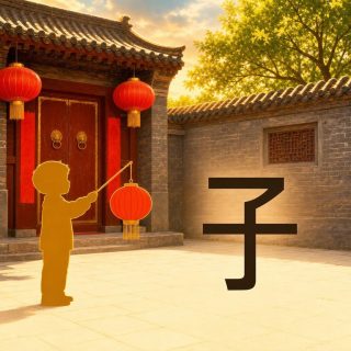 A Chinese courtyard in full sun: a vermilion door with gold knockers framed by red paper bands, red lanterns under the tiled eaves, grey brick walls and a tree in yellow leaf. On the flagstones at the left, the flat amber yellow silhouette of a small child holds up a red lantern on a pole. On the right, against the bricks, the character 子 in very dark brown: a stroke along the top breaking down to the left, an upright ending in a hook, and a long bar across it.