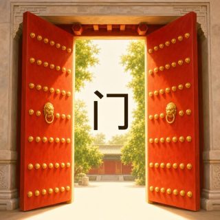 A Chinese courtyard gate seen head on: two vermilion leaves wide open, studded with rows of gold bosses, each with a gold lion head knocker, set in a carved grey stone frame. Between them, bright daylight, green foliage and a red hall at the far end of the courtyard. In the middle of that opening, the character 门 in very dark brown: a short slanting mark top left, an upright on the left, and a stroke running along the top that turns down the right and ends in a hook.