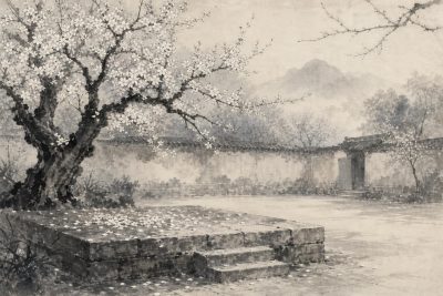 Lavis à l’encre : une estrade de pierre vide sous un abricotier en fleurs, ses pétales tombés sur la pierre usée, dans une cour close et déserte au petit matin.