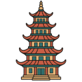 Flat drawing of a pagoda seen head-on: five stacked storeys, each narrower than the one below, each capped by a terracotta tiled roof with upturned corners resting on teal brackets; sand-coloured walls with teal windows, an ivory terrace at the base and a finial on top.