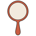 Flat drawing of a hand mirror seen head-on: a round ivory glass in a terracotta frame, continuing below into a terracotta handle. Nothing is reflected in it.