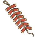Flat drawing of a braided string of Chinese firecrackers set along the diagonal of the square: a dozen large terracotta cylinders with sand-coloured ends, laid alternately on either side of a twisted sand-coloured cord, a loop at the top left and a fuse curling loose at the bottom right. The crackers are blank; nothing is lit, no spark and no smoke.