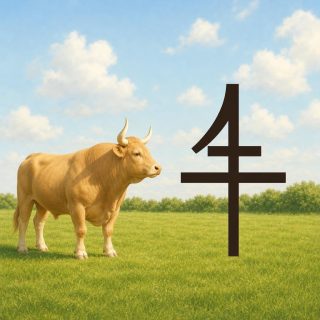 In a green meadow under a blue sky of white clouds, edged by a low hedge at the horizon, a fawn ox with pale cream horns stands in profile on the left, its head turned to the right. On the right, planted in the grass, the character 牛 in dark brown: a short oblique hooked at the top of the stem and meeting the left end of a short bar, a longer bar below, and the stem running down to the ground.