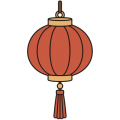 Flat drawing of a Chinese paper lantern seen head-on and hanging from a short brown cord: a round terracotta body ribbed by six lines, a flat sand-coloured cap and base, and a terracotta tassel below it. The lantern is not lit — no rays, no glow.