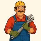 Un ouvrier moustachu vu à mi-corps, casque de chantier jaune, chemise rouge et salopette bleue à bretelles. Il tient en travers de la poitrine, à deux mains gantées de vert, une grande clé à molette grise.