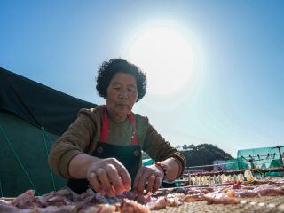 Une villageoise fait sécher des fruits de mer dans le village de Dong'ao à Wenzhou