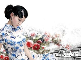 qipao bleue chysanthèmes