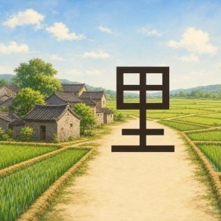 A Chinese hamlet among its paddy fields, seen from slightly above in full afternoon light: grey brick houses with dark tiled roofs and tall green trees at the left, emerald paddies cut into rectangles by narrow ochre banks all around, and a bare earth path running to the horizon under a blue sky strewn with white clouds. Standing on that path at the centre, the character 里 in deep brown: a four celled square threaded by a stem, then a short bar and a longer one below.