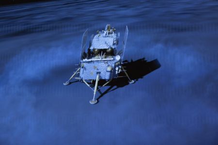 (miniature) Image de l'animation vidéo au Centre de contrôle aérospatial de Beijing de l'ensemble atterrisseur-ascenseur de la sonde Chang'e-6 atterrissant sur la face cachée de la Lune