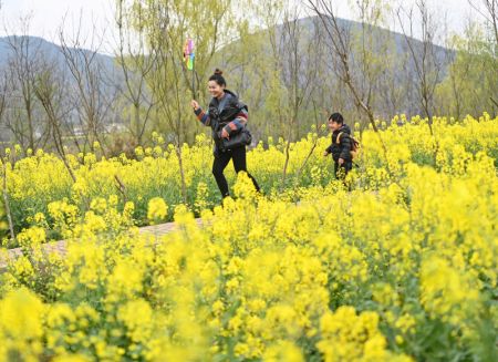 (miniature) Des touristes s'amusent dans un champs de fleurs de colza