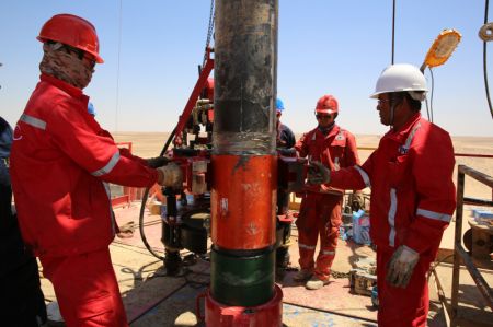 (miniature) Des ouvriers de la soci&eacute;t&eacute; chinoise Zhongman Petroleum and Gas Group (ZPEC) forent un puits pour un champ de betteraves dans le d&eacute;sert de la province de Minya