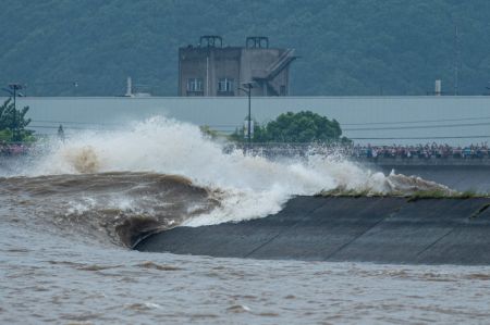 (miniature) Photo prise le 13 septembre 2022 du mascaret du fleuve Qiantang à Hangzhou