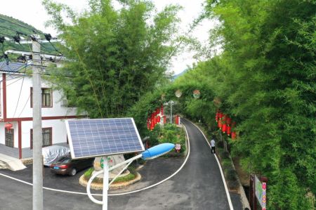 (miniature) Photo aérienne d'un éclairage public à énergie solaire au village de Maobishan