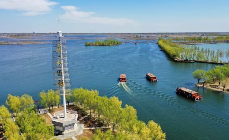 (miniature) Photo a&eacute;rienne de bateaux en croisi&egrave;re lors de l'essai du service de waterbus du lac Baiyangdian dans la Nouvelle Zone de Xiong'an