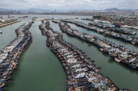 (miniature) Des bateaux de pêche s'abritent dans un port de Xiamen