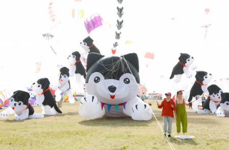 (miniature) Des touristes prennent des selfies lors du 40e Festival international du cerf-volant de Weifang