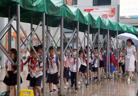 (miniature) Des élèves marchent en ligne à l'abri d'un auvent amovible après les cours dans une école primaire dans l'arrondissement de Huangpu