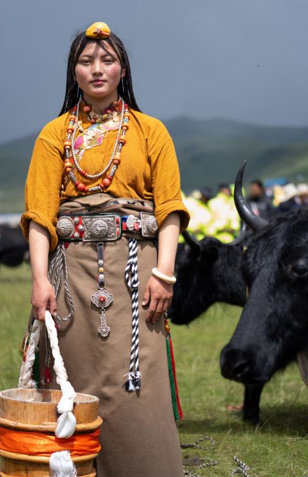 (miniature) Une femme participe à une compétition de traite dans les prairies du district de Baiyu de la préfecture autonome tibétaine de Garze