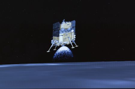 (miniature) Image de l'animation vidéo au Centre de contrôle aérospatial de Beijing de l'ensemble atterrisseur-ascenseur de la sonde Chang'e-6 avant d'atterrir sur la face cachée de la Lune