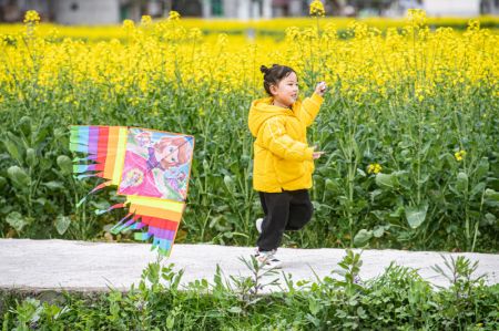 (miniature) Une fille fait voler un cerf-volant au milieu de fleurs de colza dans le bourg de Changsheng
