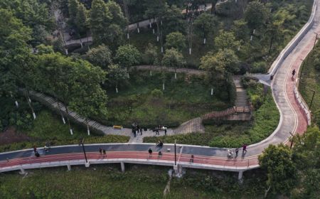 (miniature) Photo aérienne de touristes se baladant sur un chemin bâti sur l'emplacement de l'ancien site de Chongqing Iron & Steel Factory