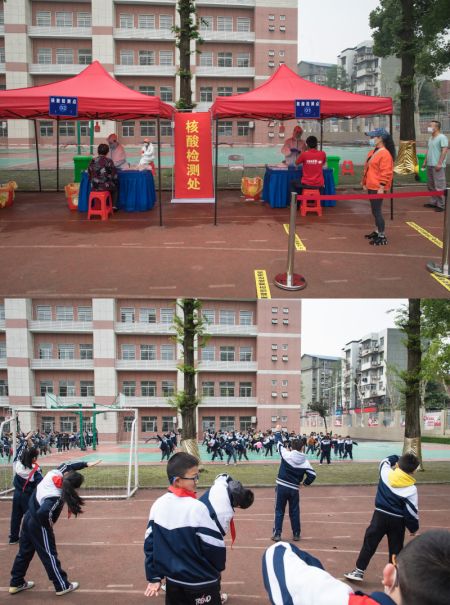 (miniature) Collage de photos montrant des gens recevant le test d'acide nucléique sur le terrain de jeux de l'école primaire No