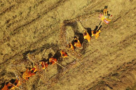 (miniature) Photo aérienne prise le 22 septembre 2021 d'agriculteurs exécutant une danse du dragon pour célébrer la récolte dans le bourg de Zongqiao de la ville de Hengyang