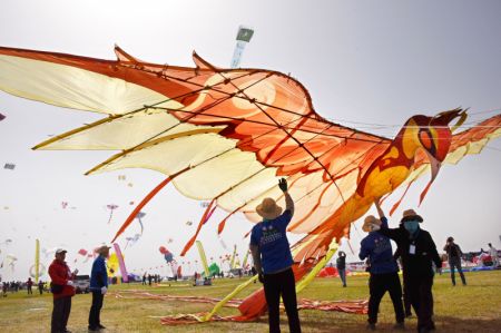 (miniature) Des personnes font voler un cerf-volant en forme de phénix lors du 40e Festival international du cerf-volant de Weifang