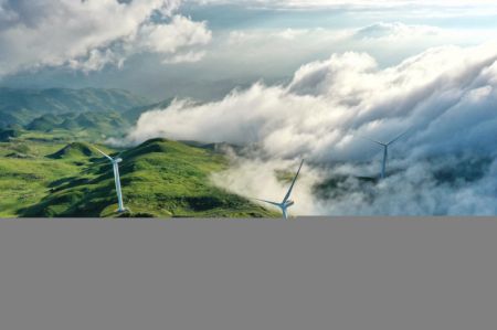(miniature) Une photo aérienne prise le 19 août 2020 montrant des éoliennes dans la zone pittoresque de Jiucaiping