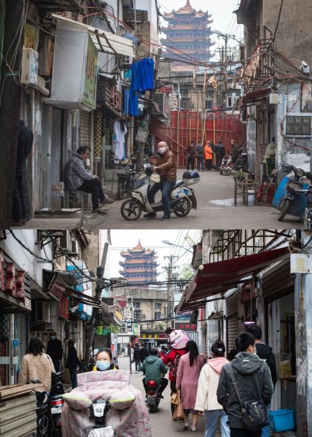 (miniature) Collage de photos montrant le quartier de Xichenghao le 2 avril 2020 (en haut) et le même endroit