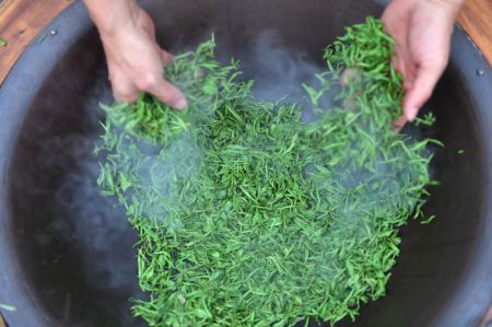 (miniature) Un fabricant de th&eacute; fait sauter des feuilles de th&eacute; dans le bourg de Tashan