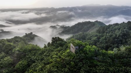 (miniature) Photo prise par un drone d'une section de la Grande Muraille enveloppée de nuages dans le district de Xinglong de la ville de Chengde