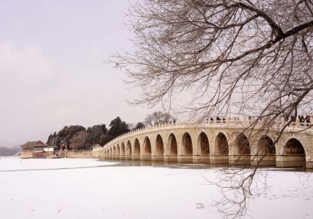 (miniature) Le Pont des dix-sept arches du Palais d'été recouvert de neige à Beijing