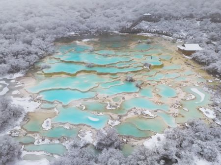 (miniature) Un ensemble d'étangs colorés dans le site touristique de Huanglong recouvert de neige