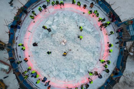 (miniature) Photo aérienne du chantier de construction du Monde de glace et de neige de Harbin