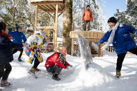 (miniature) Des élèves de l'école primaire Huchangbao s'amusent dans la neige dans un camp du Parc national des forêts de Longcanggou dans le district de Yingjing