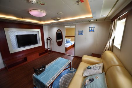 (miniature) Photo prise le 8 d&eacute;cembre 2020 montrant l'int&eacute;rieur d'une cabine du navire de croisi&egrave;re Nanhai Dream