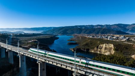 (miniature) Photo aérienne d'un train circulant sur le chemin de fer entre Lijiang et Shangri-la