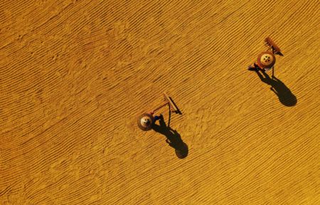 (miniature) Photo aérienne prise le 23 septembre 2021 d'agriculteurs faisant sécher des graines dans le bourg de Guanling de la ville de Hengyang