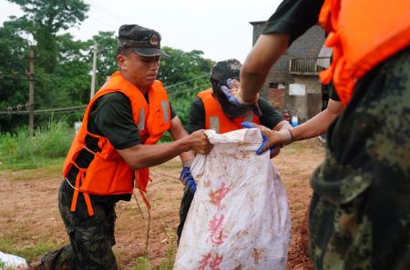 (miniature) Des membres de la police armée transportent des sacs de sable pour renforcer une digue dans le district de Poyang de la province chinoise du Jiangxi (est)