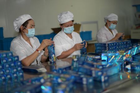 (miniature) Des employées emballent des produits à base de chèvrefeuille dans une usine du district de Suiyang