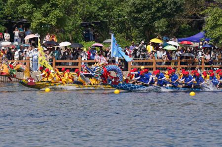 (miniature) Des bateaux-dragons participent à une course à Taohuatan