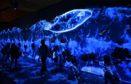 (miniature) Des visiteurs interagissent avec des organismes marins virtuels lors d'une exposition sur le thème des baleines au Musée maritime national de Chine