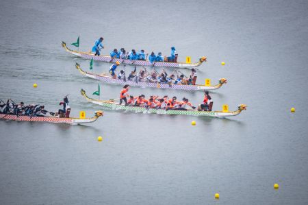 (miniature) Des participants s'affrontent lors d'une course de bateaux-dragons